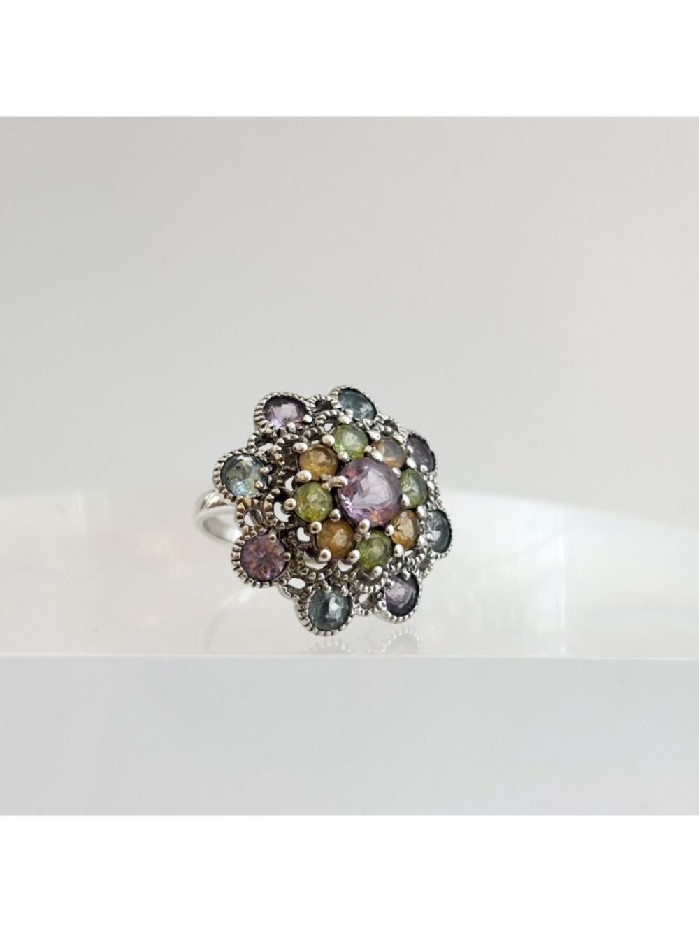 Cluster Rainbow Gemstone Blooming Flower Sterling Silver 925 Vintage Ring - sz 6 - Picture 2 of 16